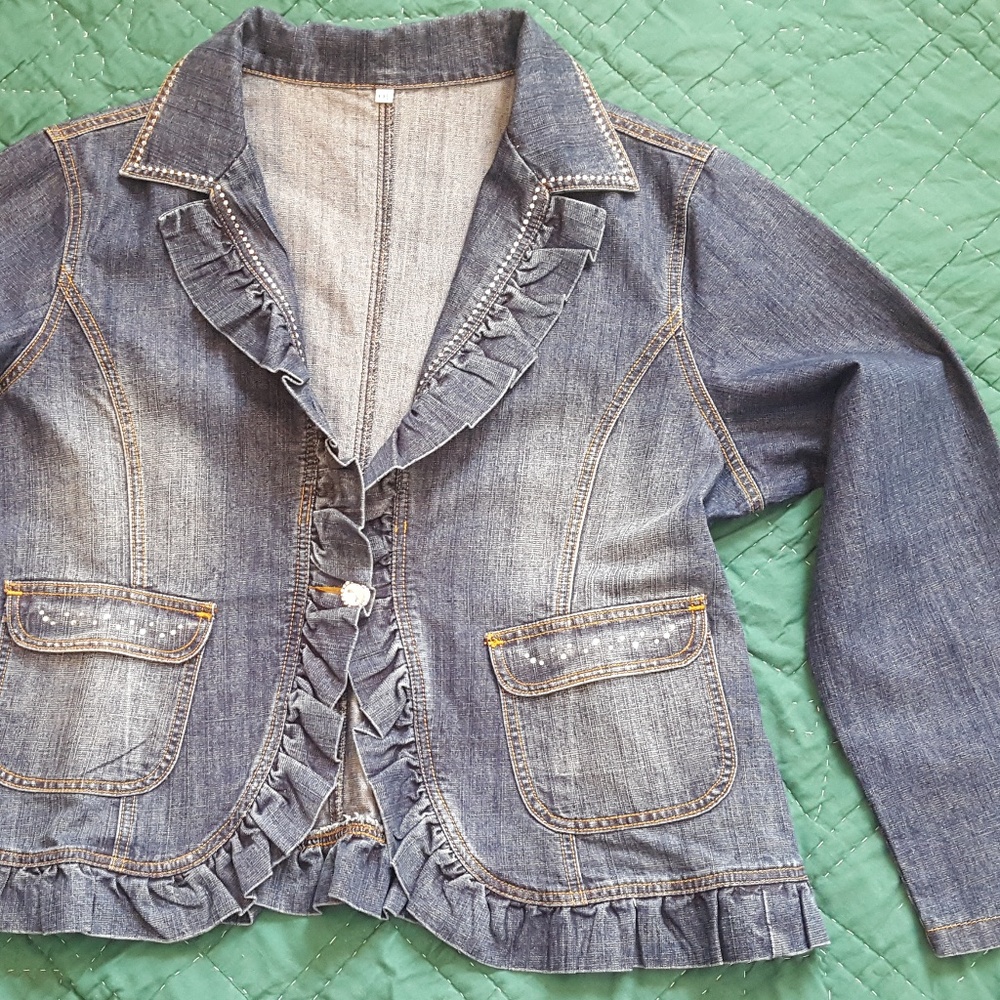 Embellished Denim Jacket with Ruffle Edge XXL